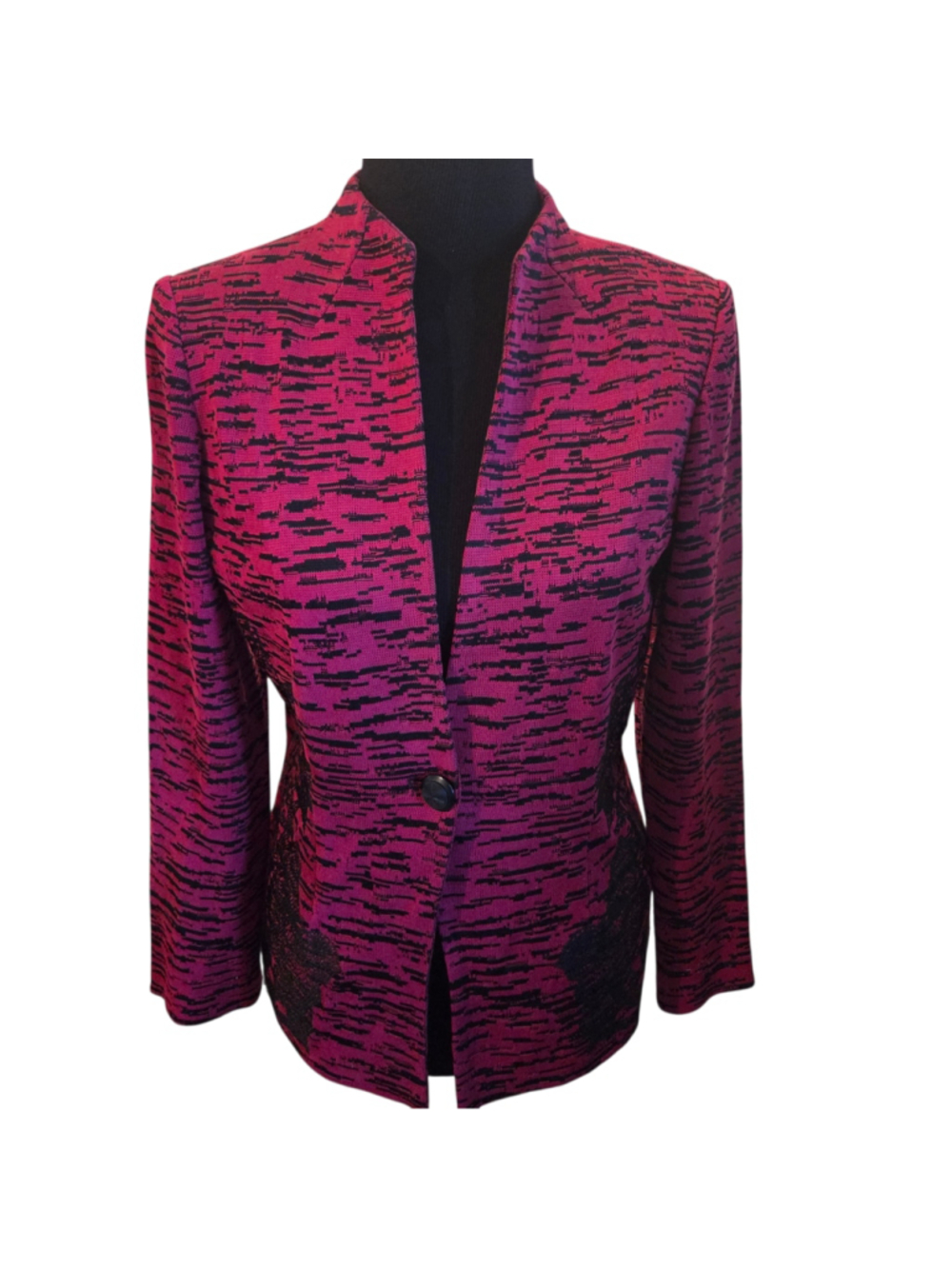 Women's Ming Wang Knit Blazer Size M Pink Black Patterned Jacket